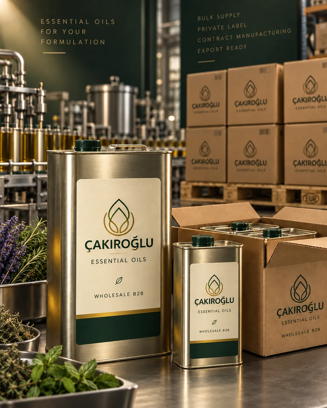 Канистры эфирных масел Çakıroğlu, экспортные коробки и линия розлива